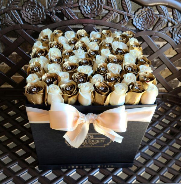 Black Color Medium Square Box with Silver and White Rose