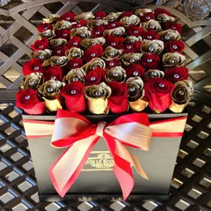 Medium Square Box of red and gold roses