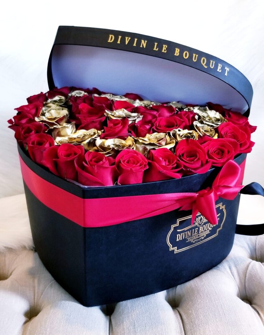 A heart shaped box filled with red roses.