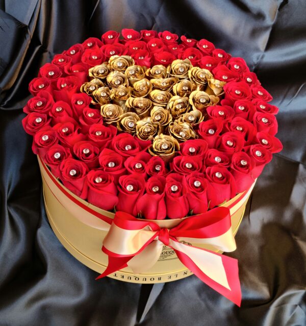 Primary Red Rose and Secondary Gold Rose Large Round Box