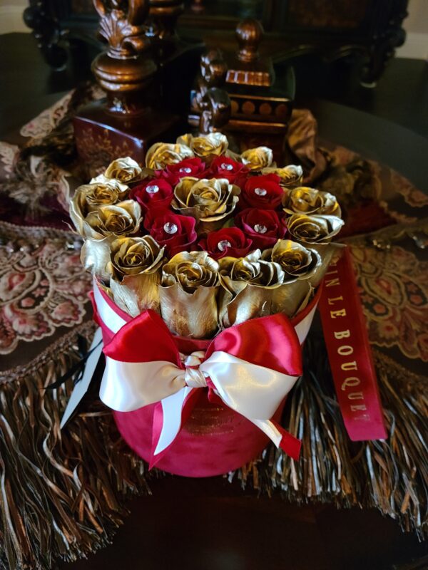 Gold and Red Roses in Small Round Red Box