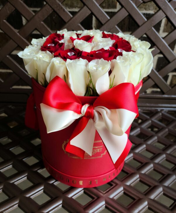 White and Red Roses in Small Round Red Box
