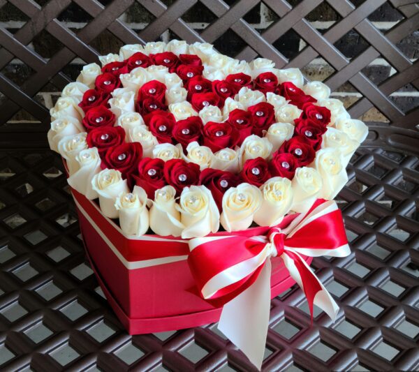 White and Red Rose Heart Red Box